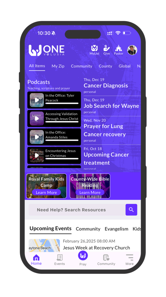 Dynamic Feeds Including Community Podcasts, Prayer, and Events